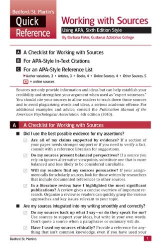 Working with Sources Quick Reference: Using APA