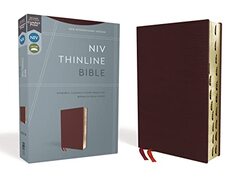 NIV, Thinline Bible, Bonded Leather, Burgundy, Red Letter, Thumb Indexed, Comfort Print